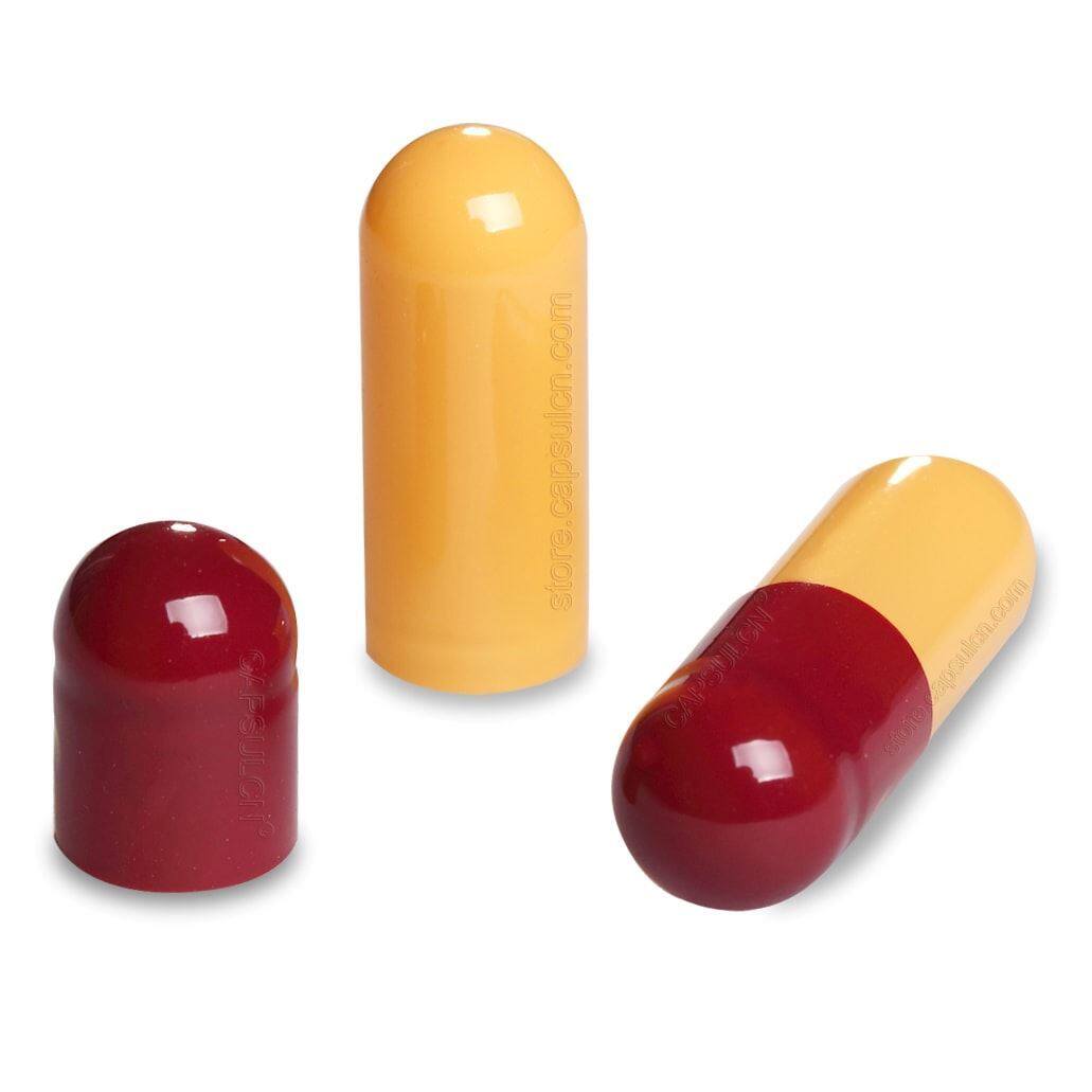 Picture of Size 00 brownish red yellow empty gelatin capsules