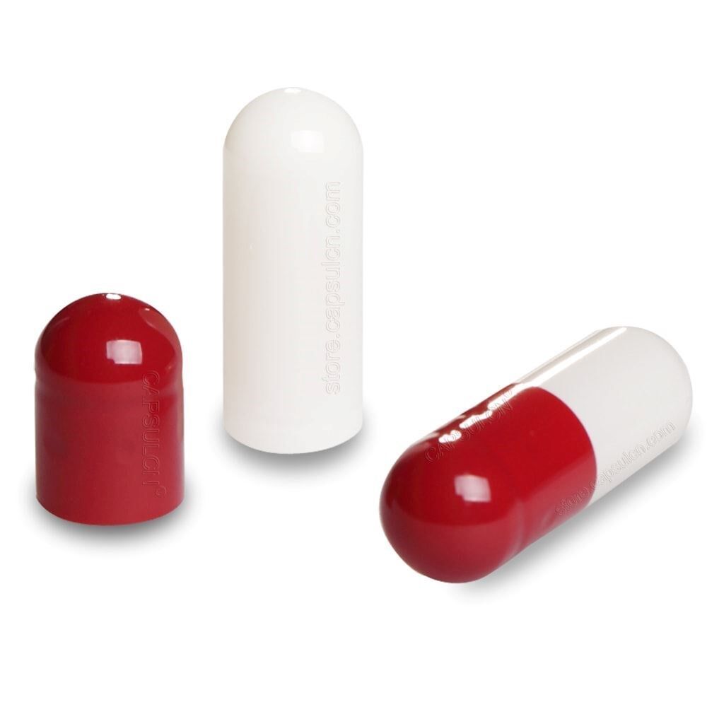 Picture of Size 00 red white empty gelatin capsules