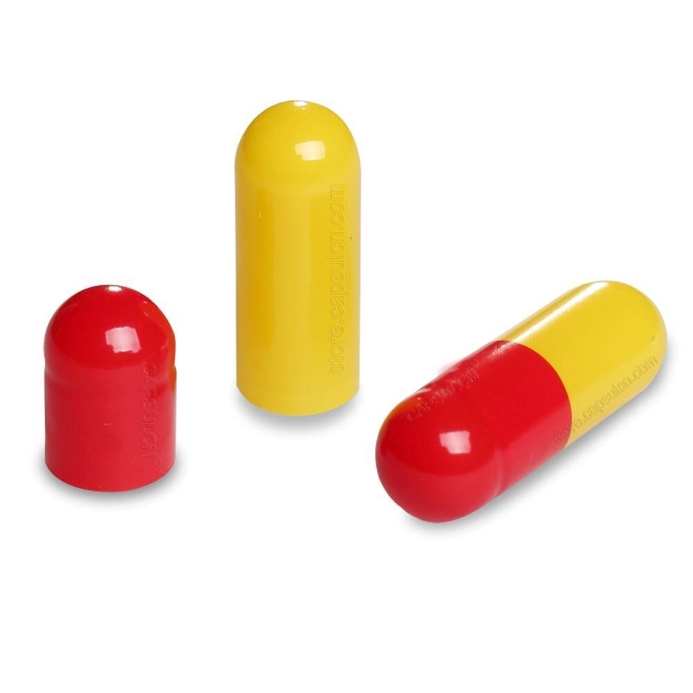 Picture of Size 2 red yellow empty gelatin capsules