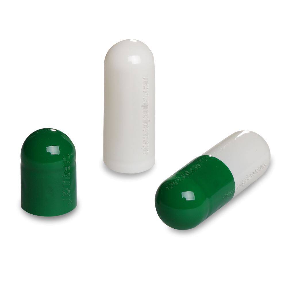 Picture of Size 2 dark green white empty gelatin capsules