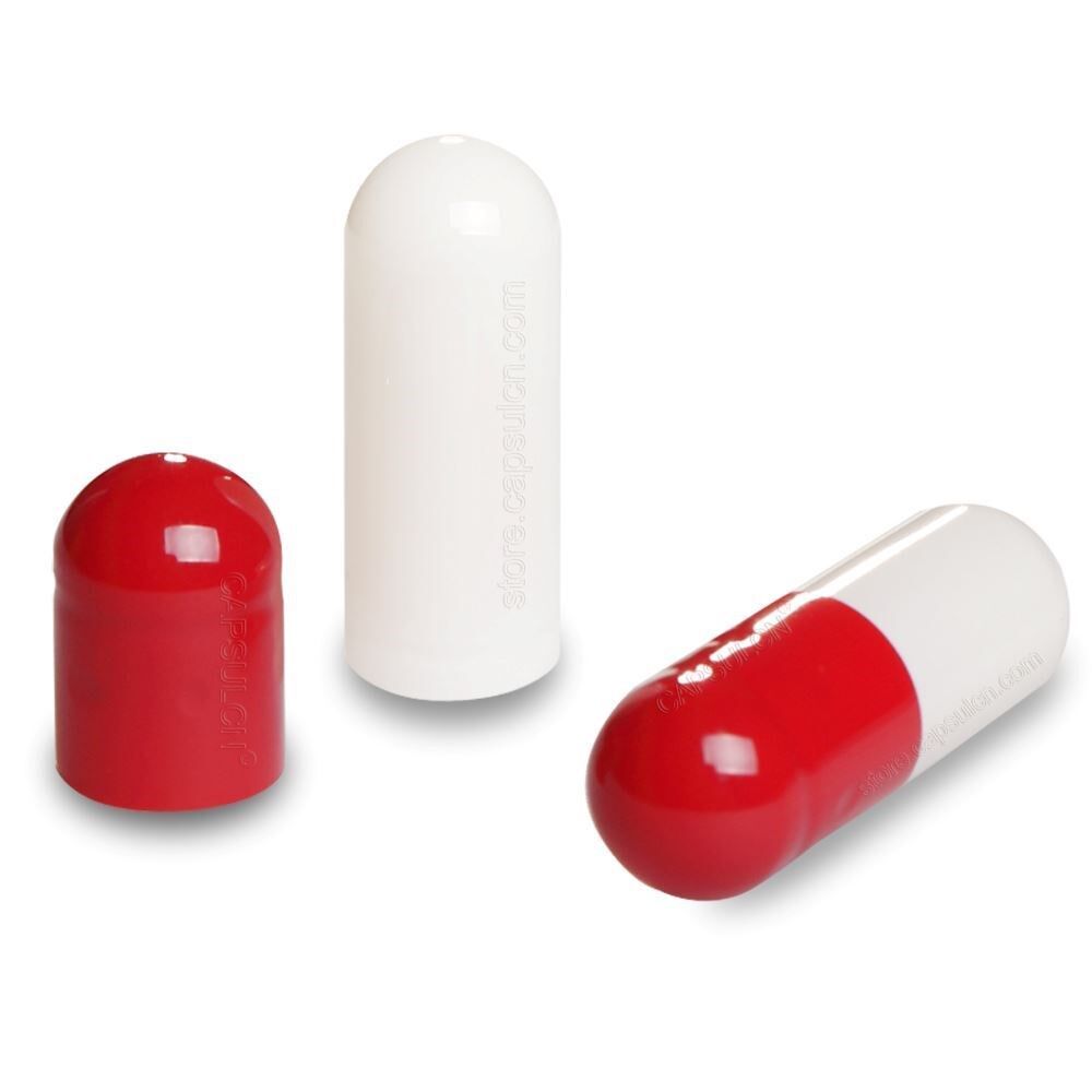 Picture of Size 4 red white empty gelatin capsules