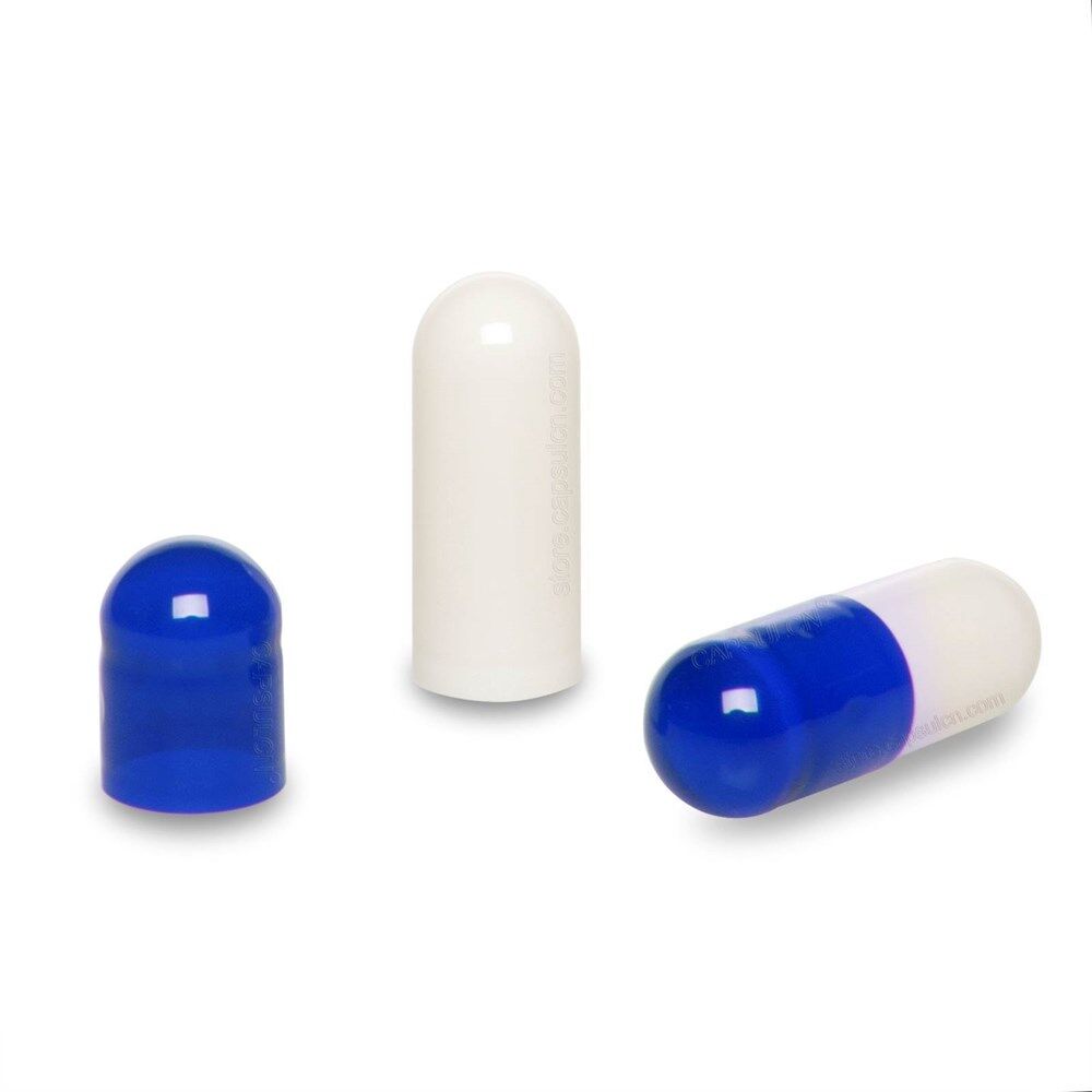 Picture of Size 0 translucent blue white empty gelatin capsules