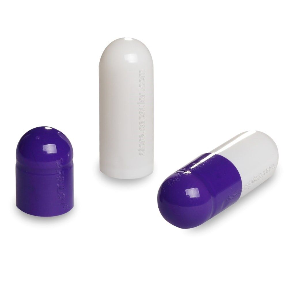 Picture of Size 0 dark purple white empty gelatin capsules