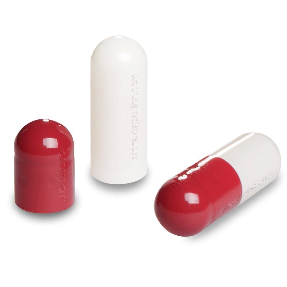 Picture of Size 0 red white empty gelatin capsules