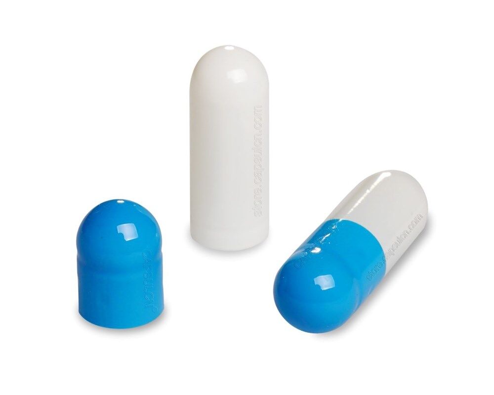 Picture of Size 0 blue white empty gelatin capsules